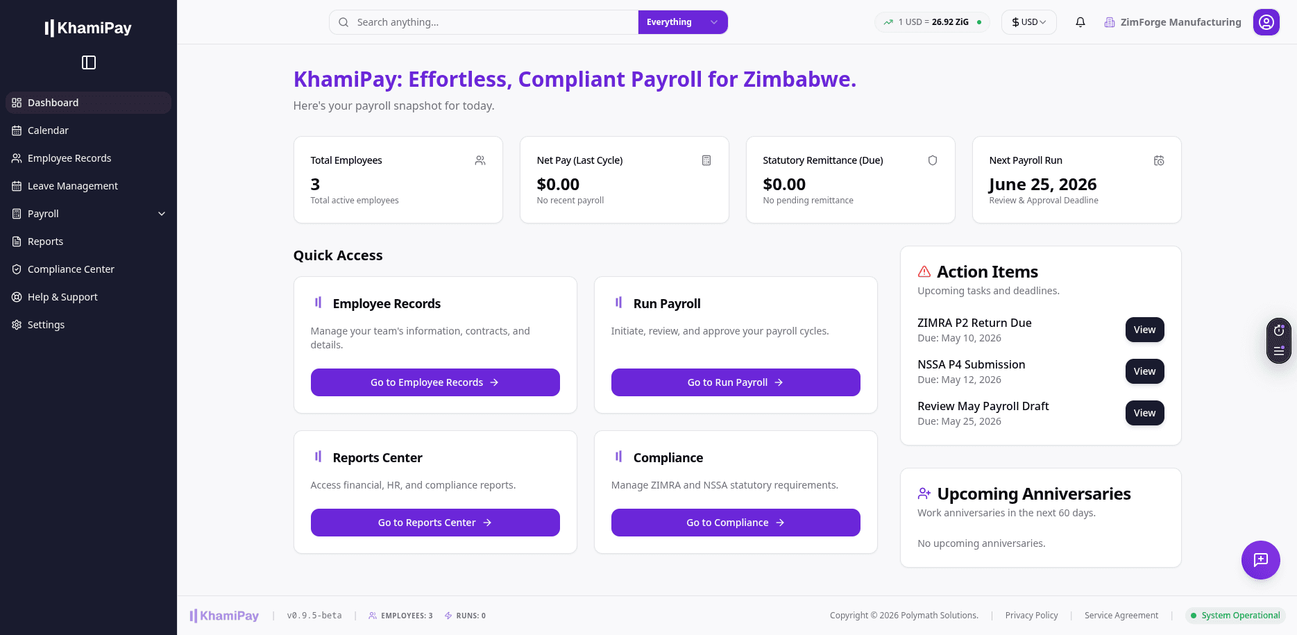 KhamiPay Dashboard showing payroll overview and quick actions